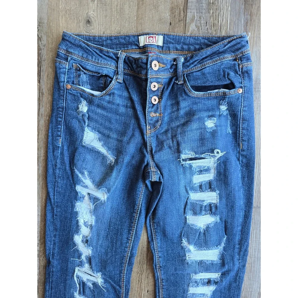 LEI Juniors Dark Wash Distressed Ripped Skinny‎ Jeans Size 7 Regular Denim